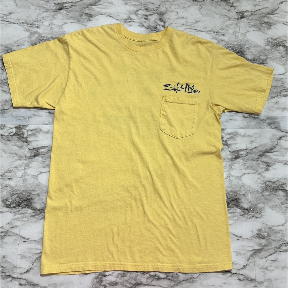 Salt Life Men's T Shirt Size M Yellow Fish Graphic‎ Logo Pocket Short Sleeve